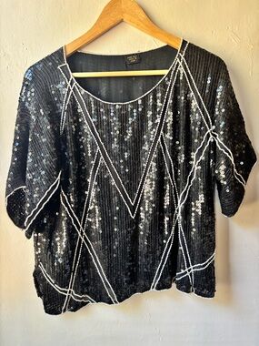 Vintage Black and Pearl White Sequin and Silk Beaded Top Made in India